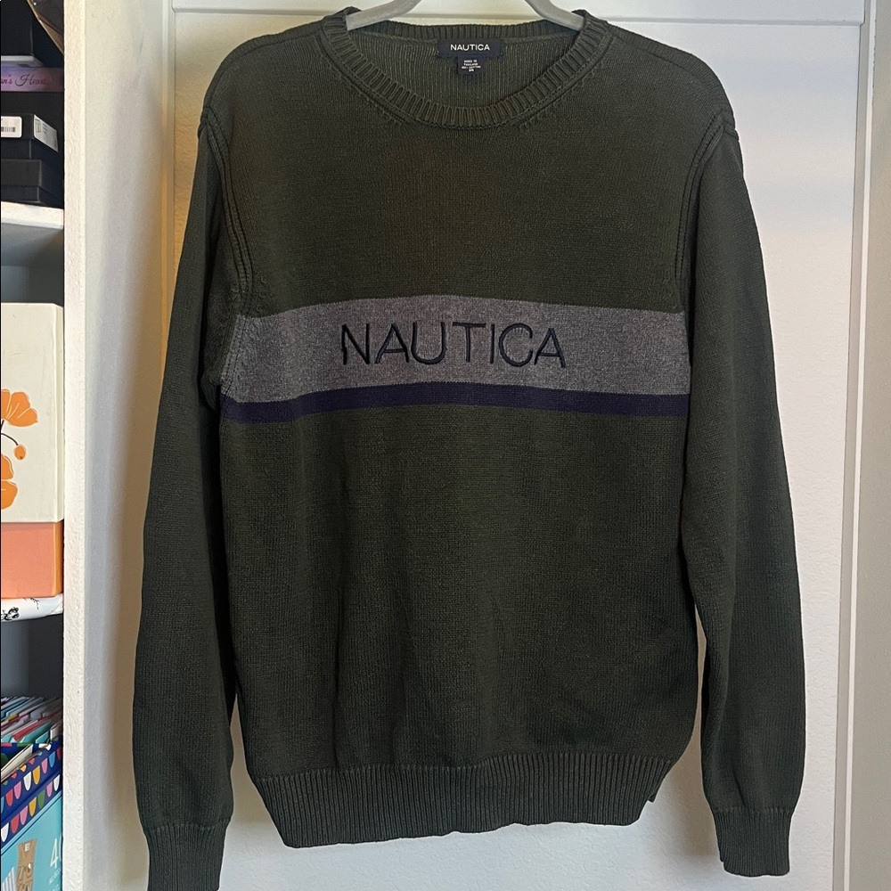 Nautica vintage Y2K Men's Olive Green Crewneck Medium Sweater Gray & Navy Stripe